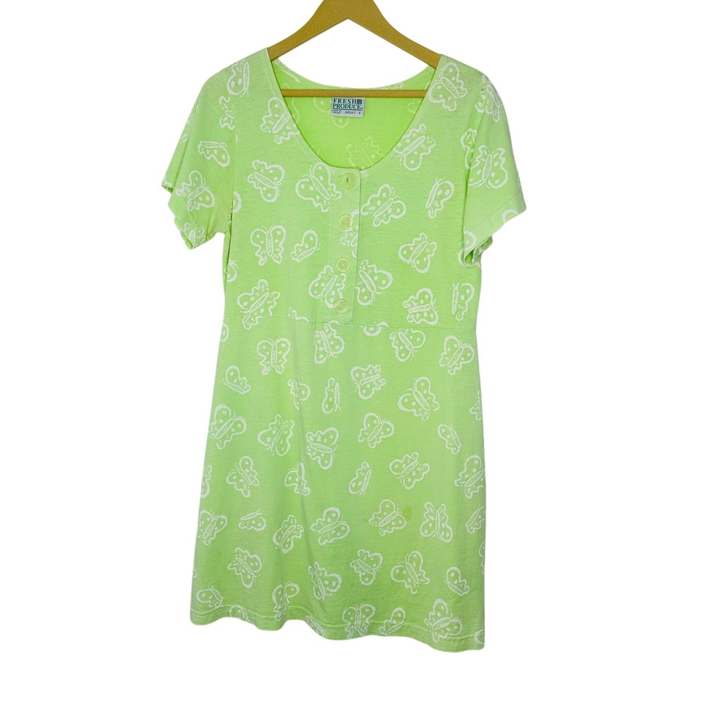 Fresh Produce Vintage Butterfly Print Henley Dress Adult S Lime Green 90s